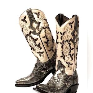 J.B. Dillon Two-Tone Cream and Black Embroidered Western Heeled Boots